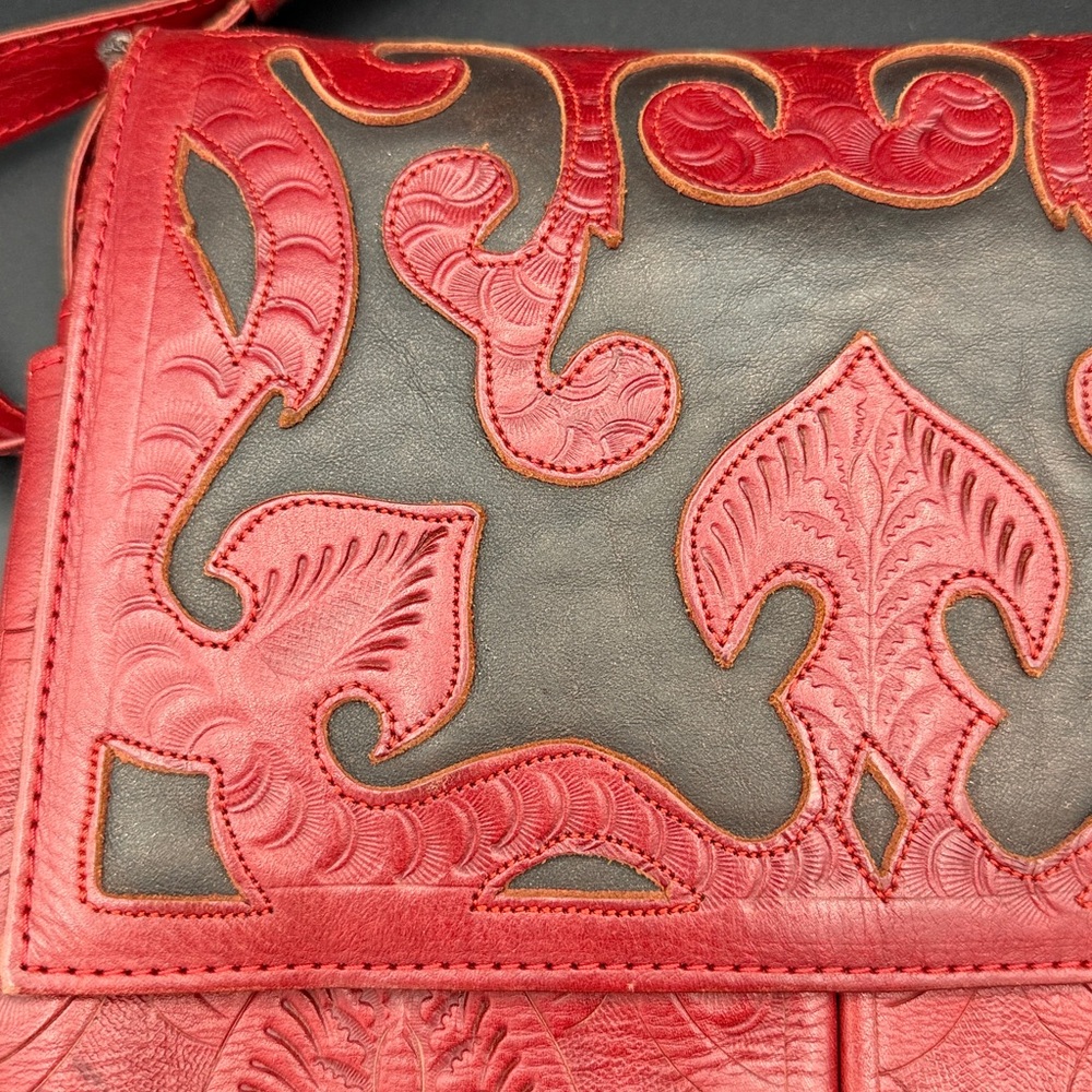 Red and Black Embossed Leather Crossbody Bag - Picture 2 of 13